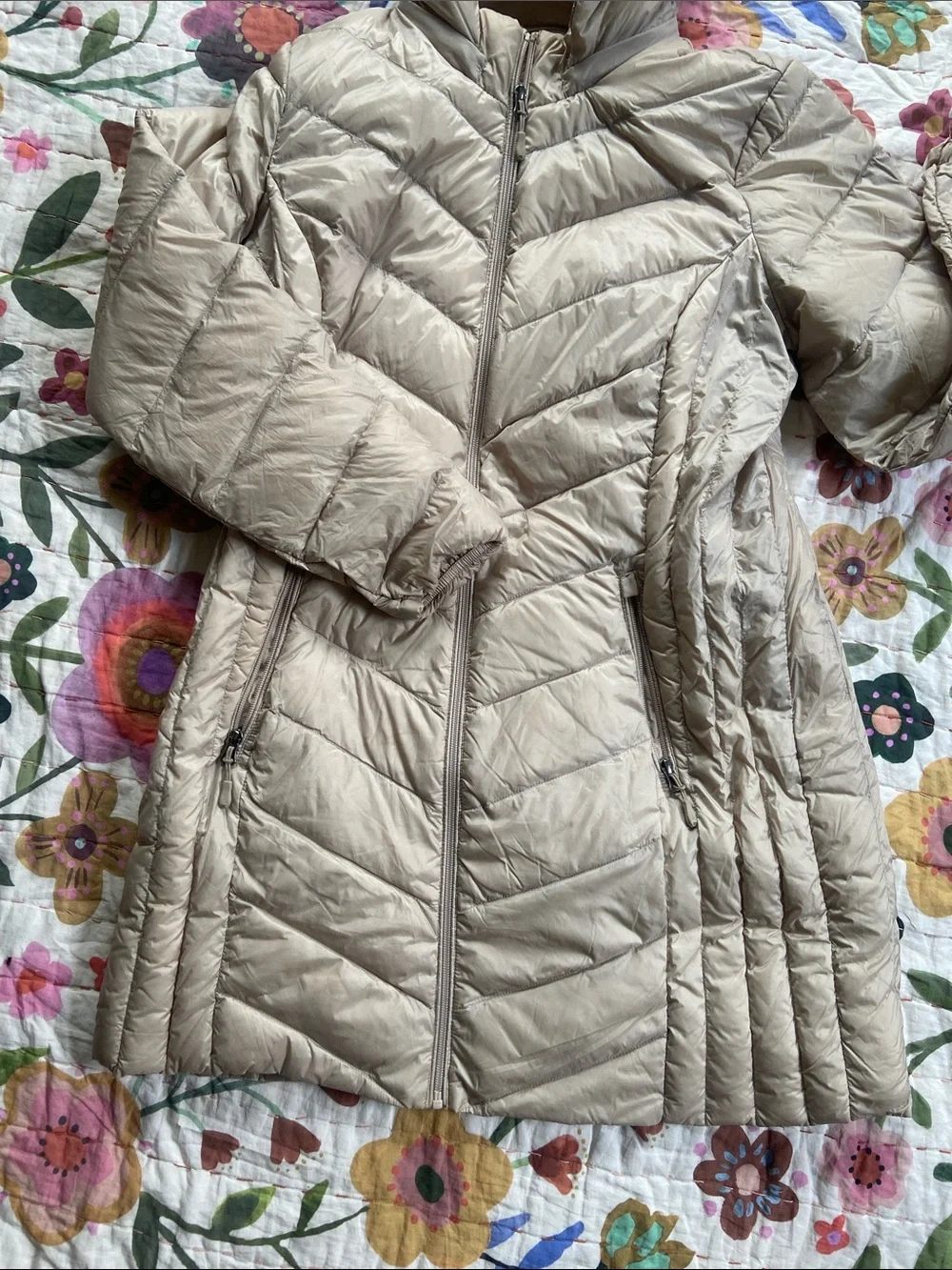 32 Degrees Quilted Puffer Coat with Detachable Hood Champagne Light Beige Large